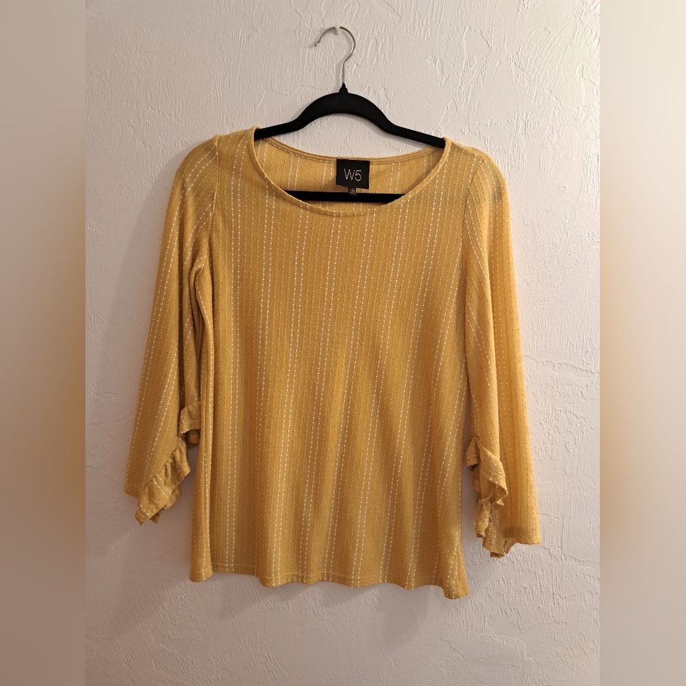 W5 Anthropologie Mustard Striped Blouse with Ruffle Sleeve Size S Made In The US